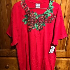 Port and Company Red T-Shirt with Plaid Bow and Holly